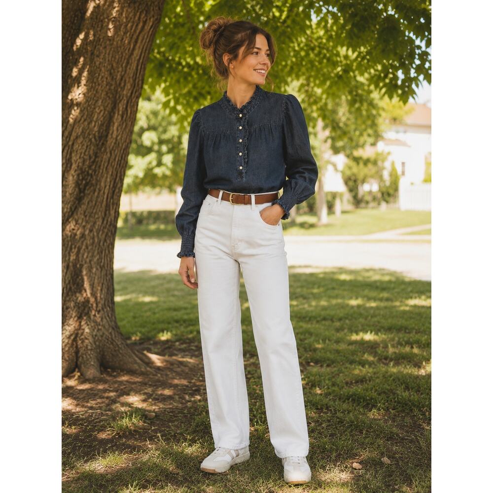 a.n.a. Pearl Snap Ruffle Tencel Denim Blouse Western Top Women's S